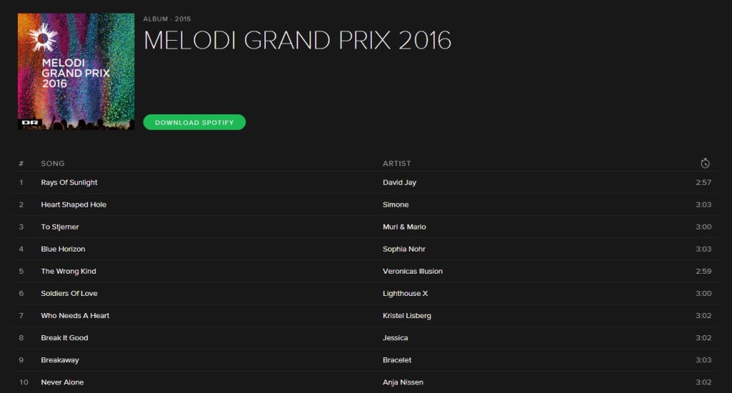 Dansk Melodi Grand Prix 2016 on Spotify